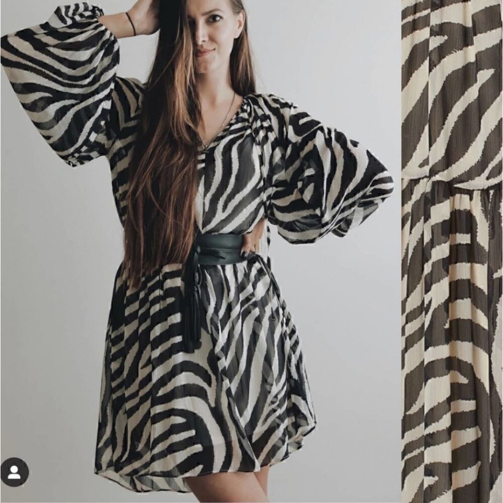 ♡♡♡ H&M Zebra Print Balloon Sleeve Peasant Dress - Size Small